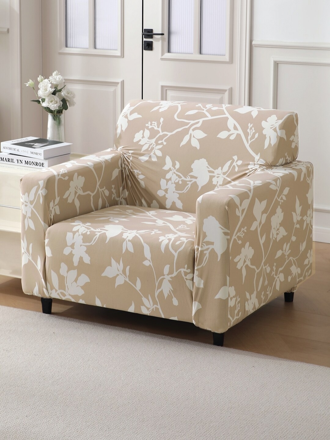 

HOKIPO Brown & White 1 Seater Printed Stretchable Cover With Arms