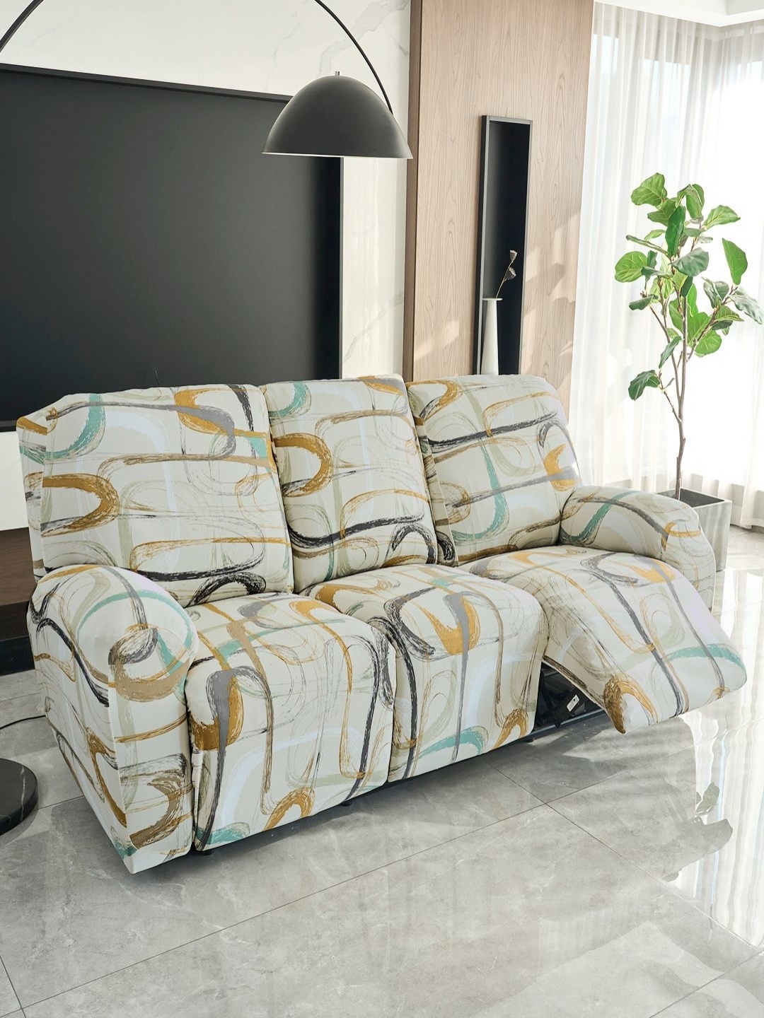 

HOKIPO Beige & Brown 3 Seater Printed Stretchable Sofa Cover With Arms