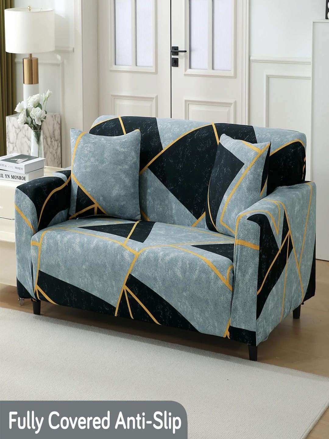 

HOKIPO Grey & Black 2 Seater Printed Stretchable Sofa Cover With Arms