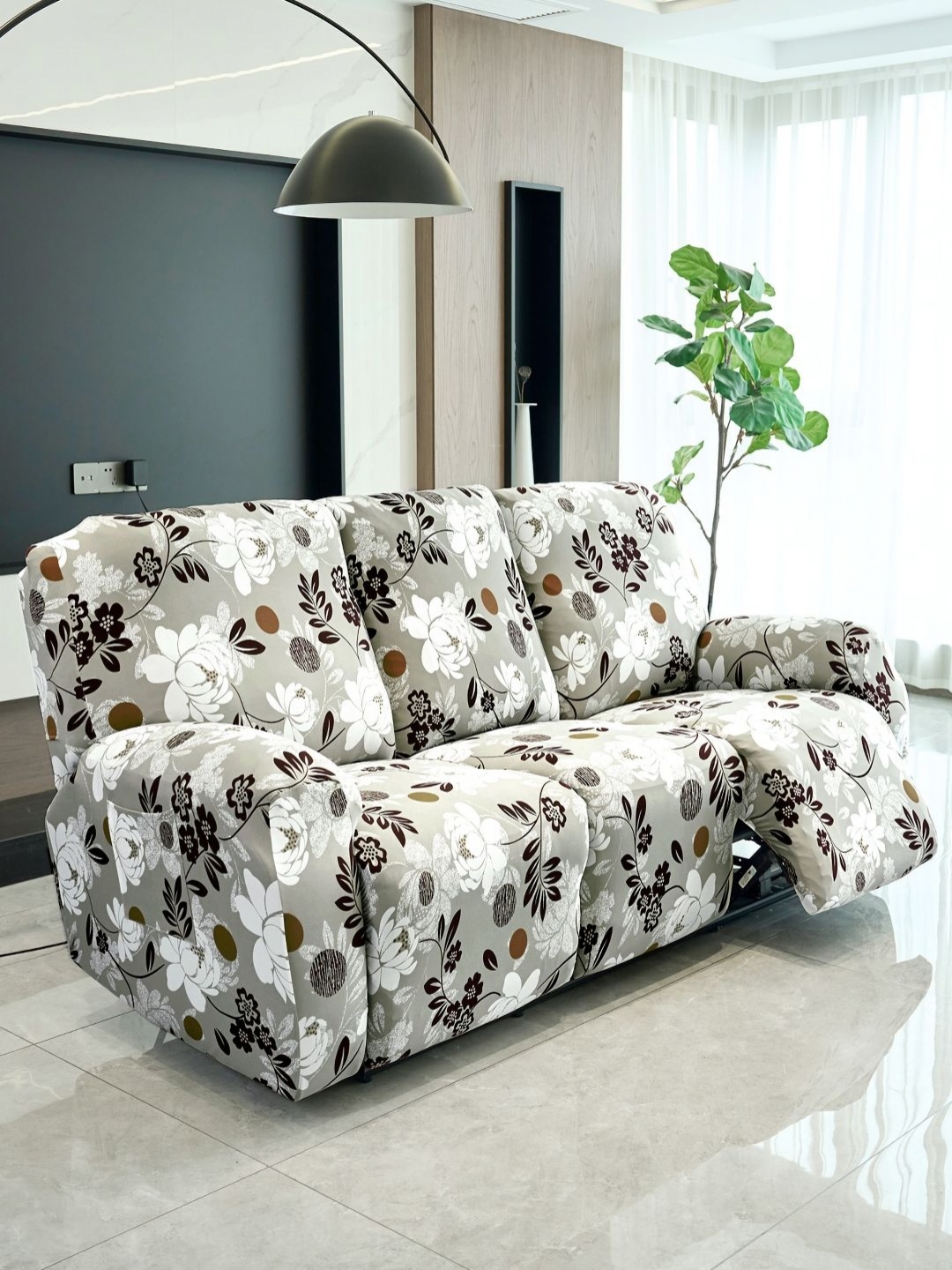 

HOKIPO Brown & White 3 Seater Printed Stretchable Recliner Sofa Cover With Arms