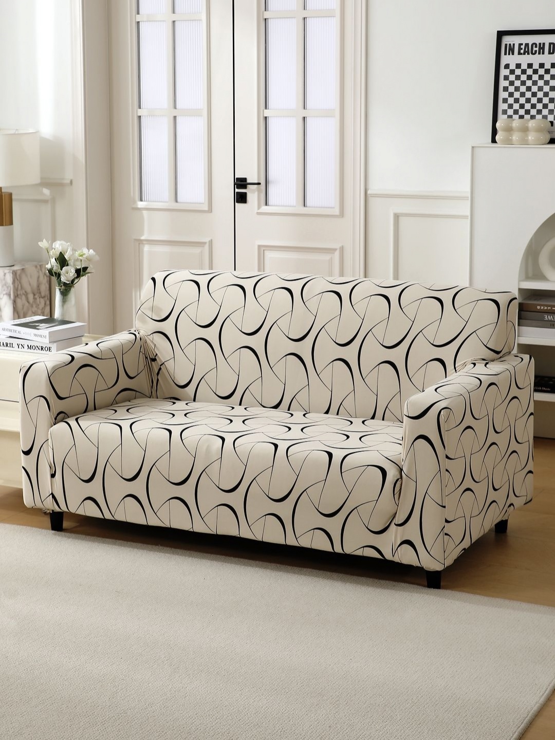 

HOKIPO Beige & Black Printed 2 Seater Fully Covered Sofa Cover With Arms