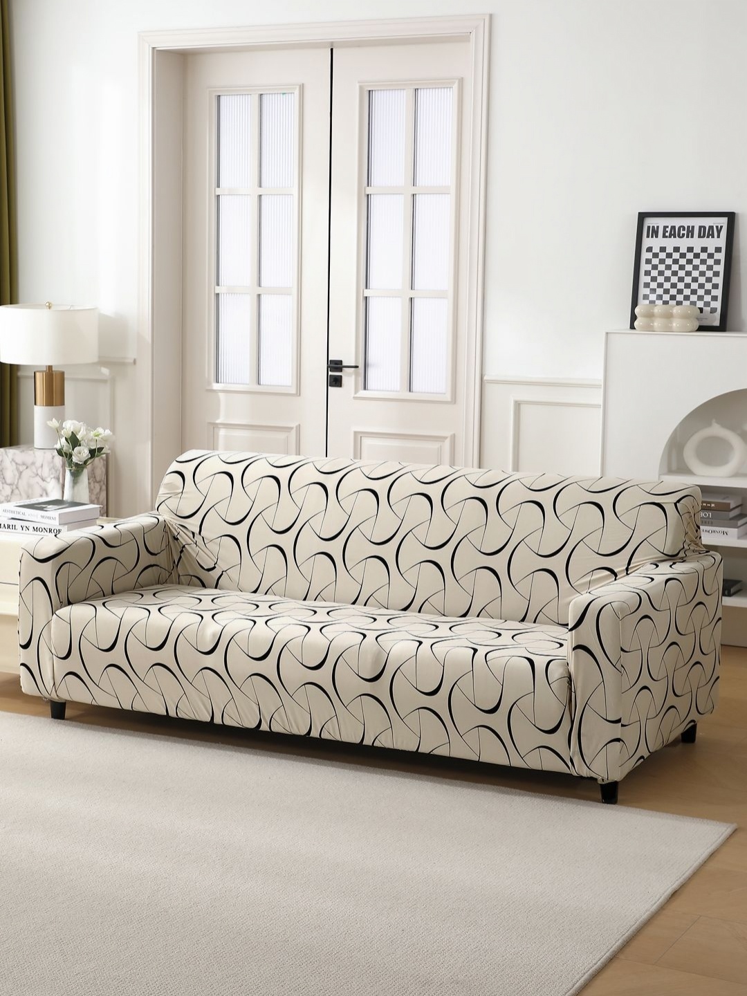 

HOKIPO Beige & Black Printed 4 Seater Sofa Cover With Arms