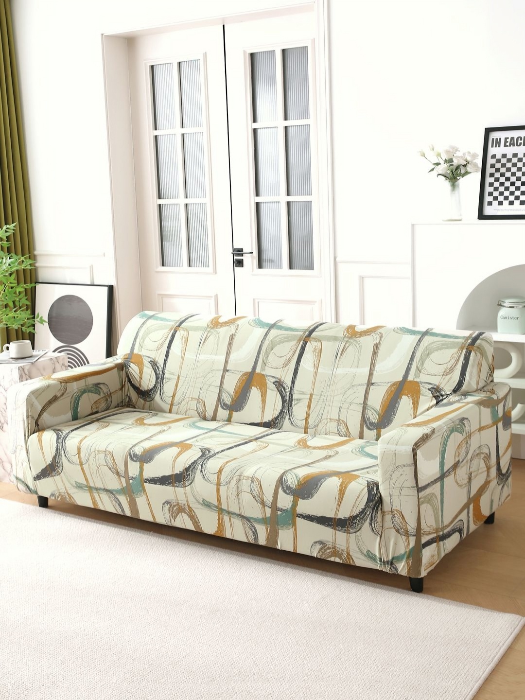 

HOKIPO Beige & Green Printed 4 Seater Sofa Cover With Arms