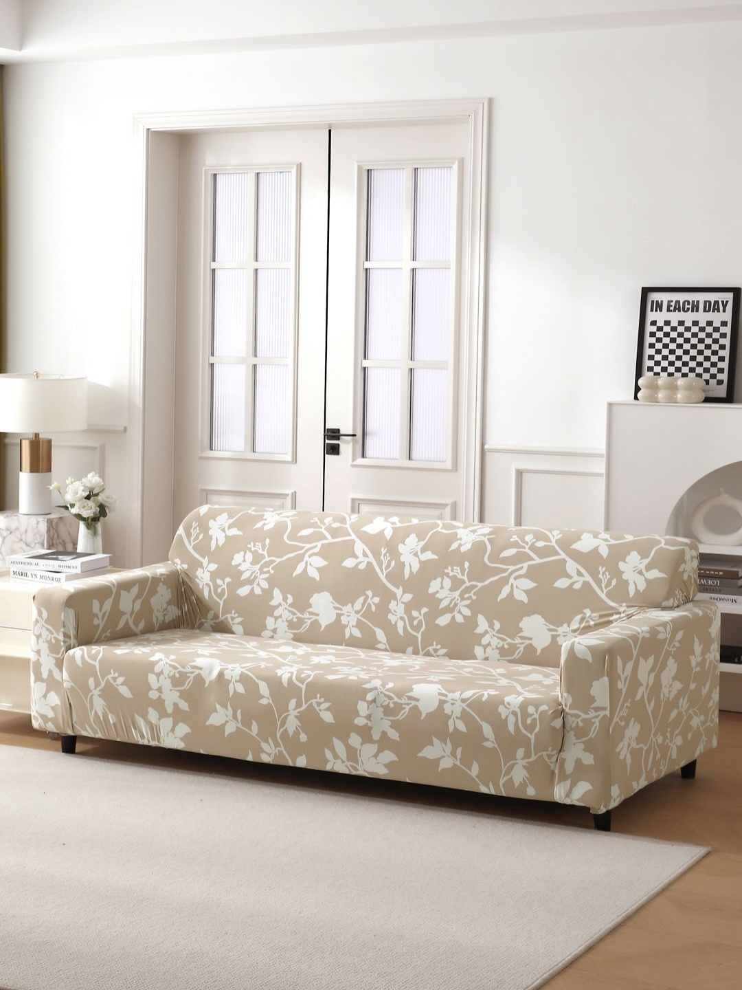 

HOKIPO Brown & White Printed 4 Seater Sofa Cover With Arms