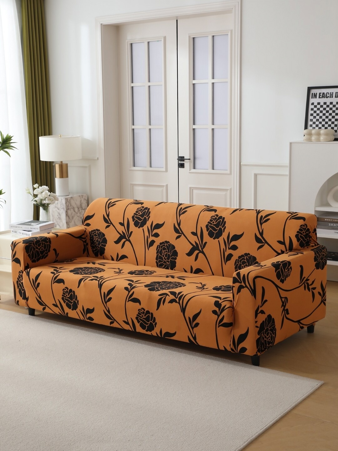 

HOKIPO Brown & Black Printed 4 Seater Sofa Cover With Arms