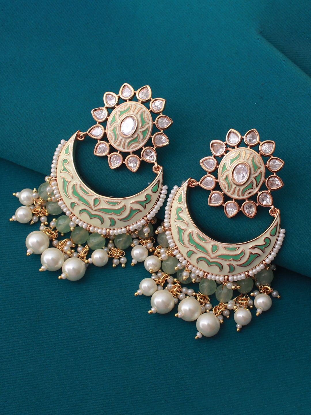 

Mirana Gold-Plated American Diamond-Studded & Beaded Contemporary Chandbalis