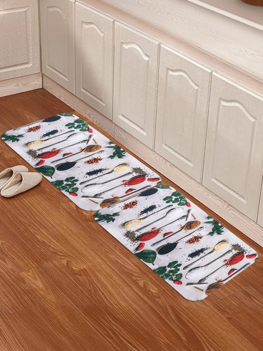 

Kuber Industries White & Green 2 Pieces Printed Anti Skid 240GSM Bath Rugs