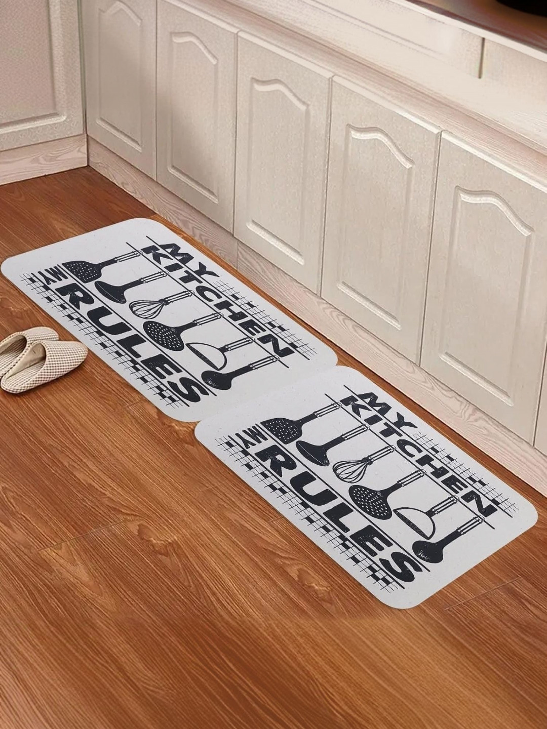 

Kuber Industries Black & White 2 Pieces Printed 240 GSM Anti Skid Bath Rugs