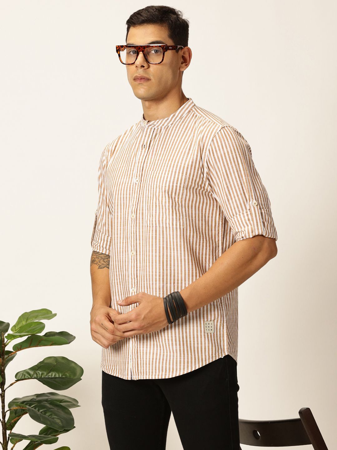 

Thomas Scott Men Premium Striped Mandarin Collar Casual Shirt, Brown