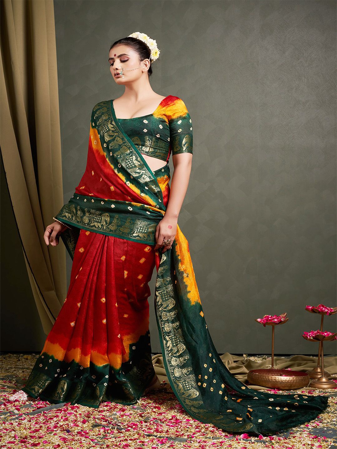 

Anouk Zari Woven Bandhni Print Saree, Red