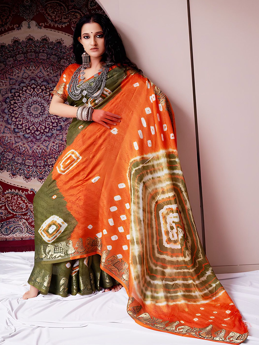 

Anouk Ethniv Motif Zari Woven Bandhni Print Saree, Green
