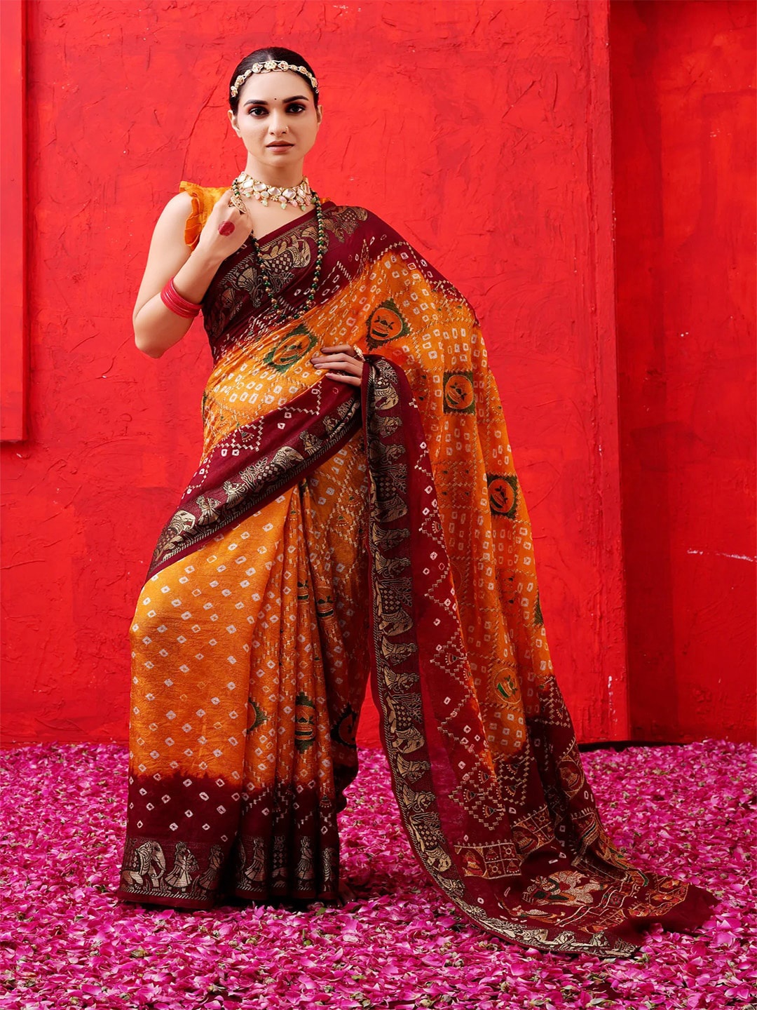 

Anouk Ethnic Motif Zari Woven Bandhni Print Saree, Mustard