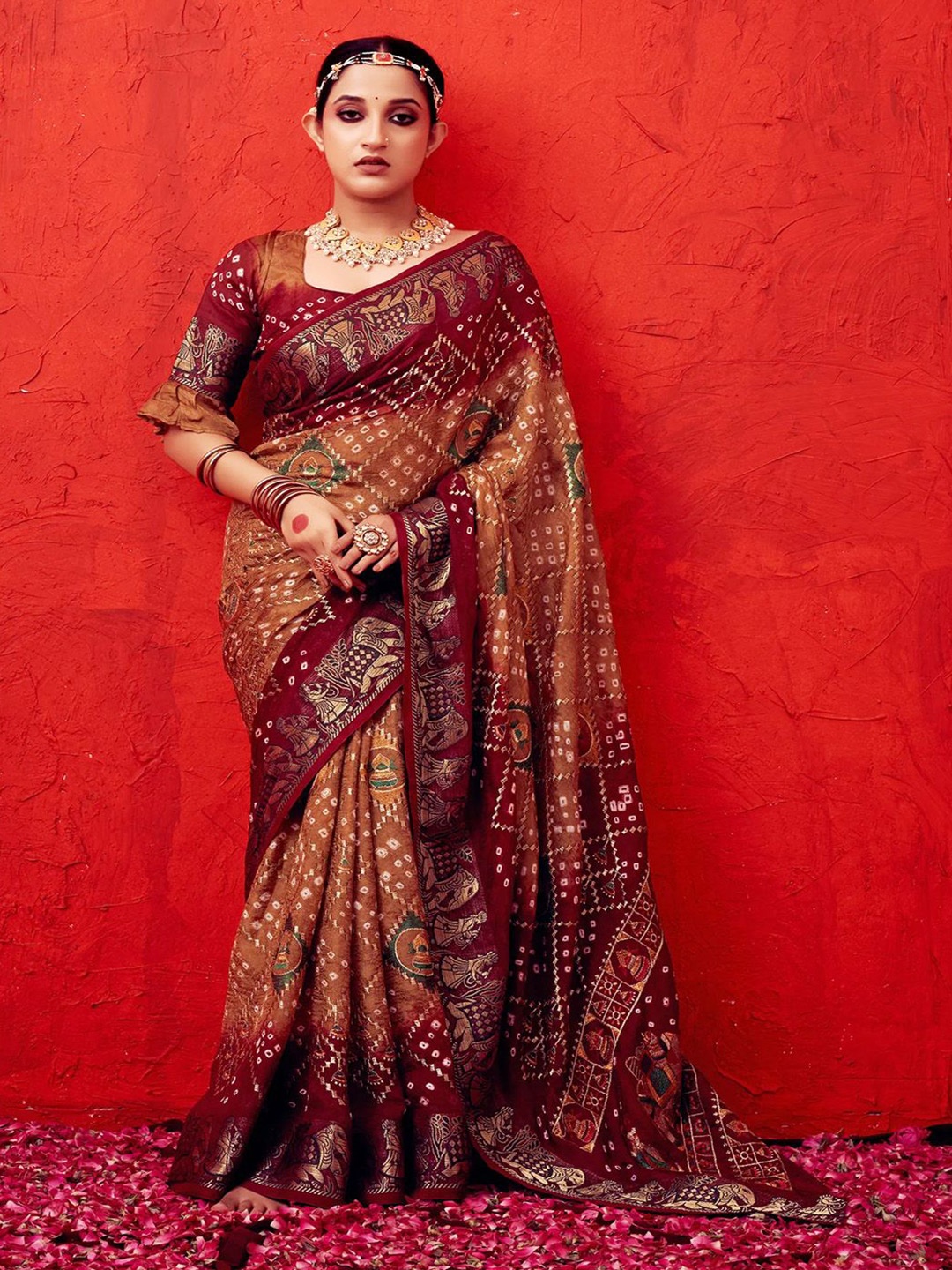 

Anouk Ethnic Motif Zari Woven Bandhni Print Saree, Rust