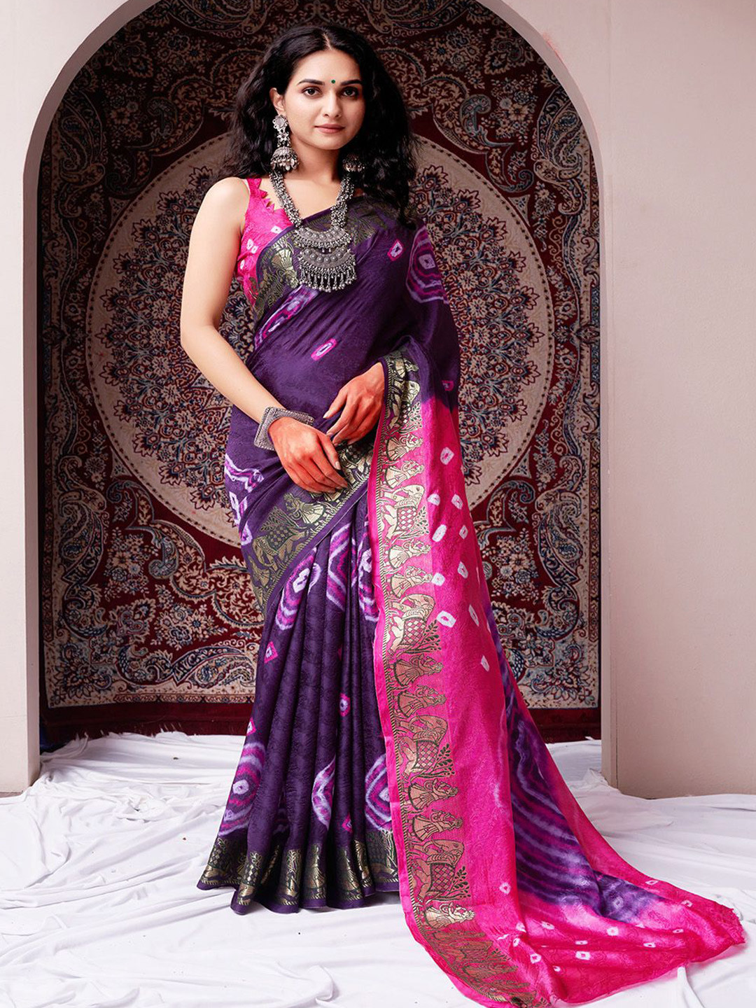 

Anouk Printed Woven Design Zari Bandhani Saree, Purple