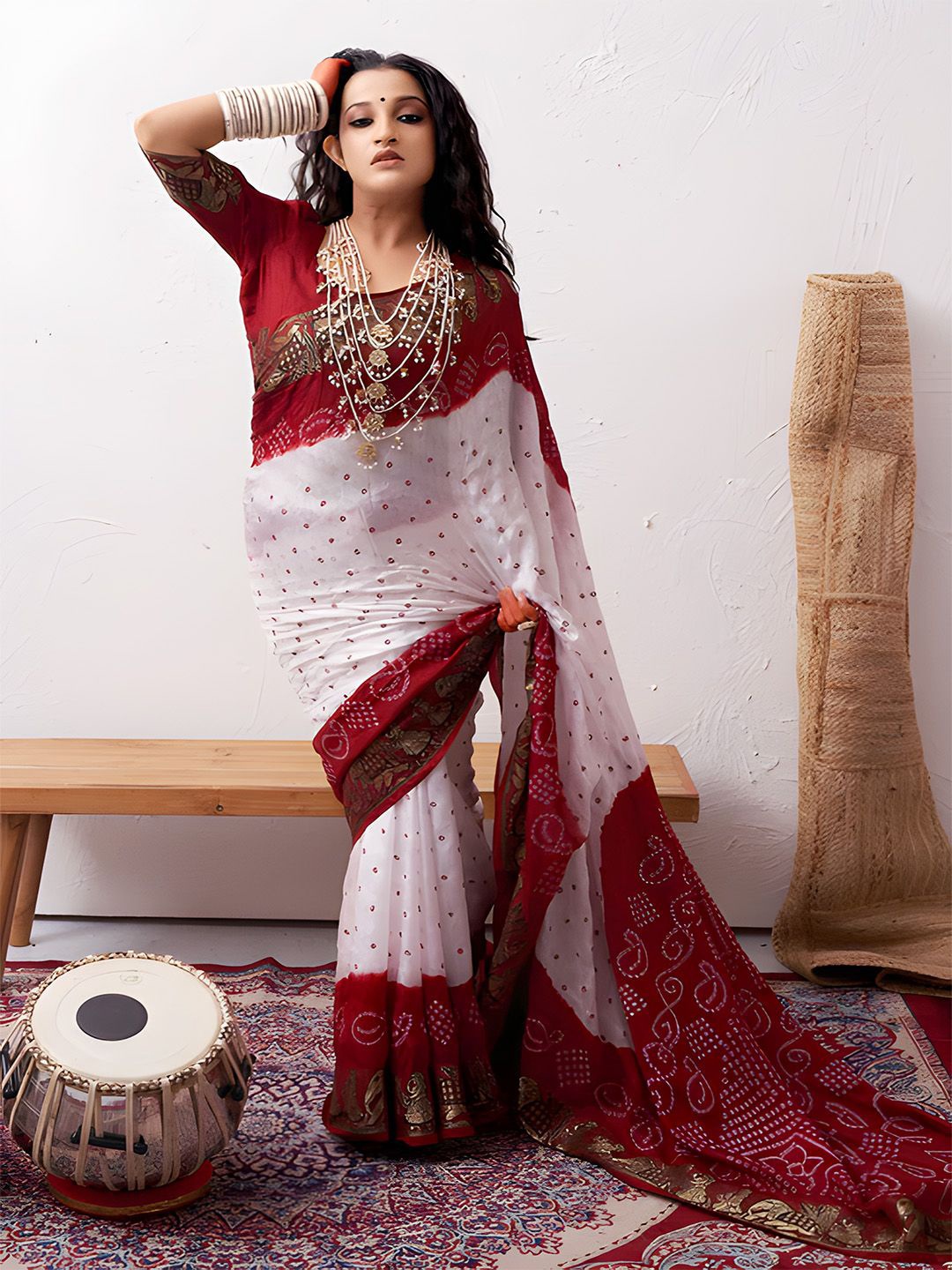 

Anouk Ethnic Motif Zari Woven Bandhni Print Saree, White