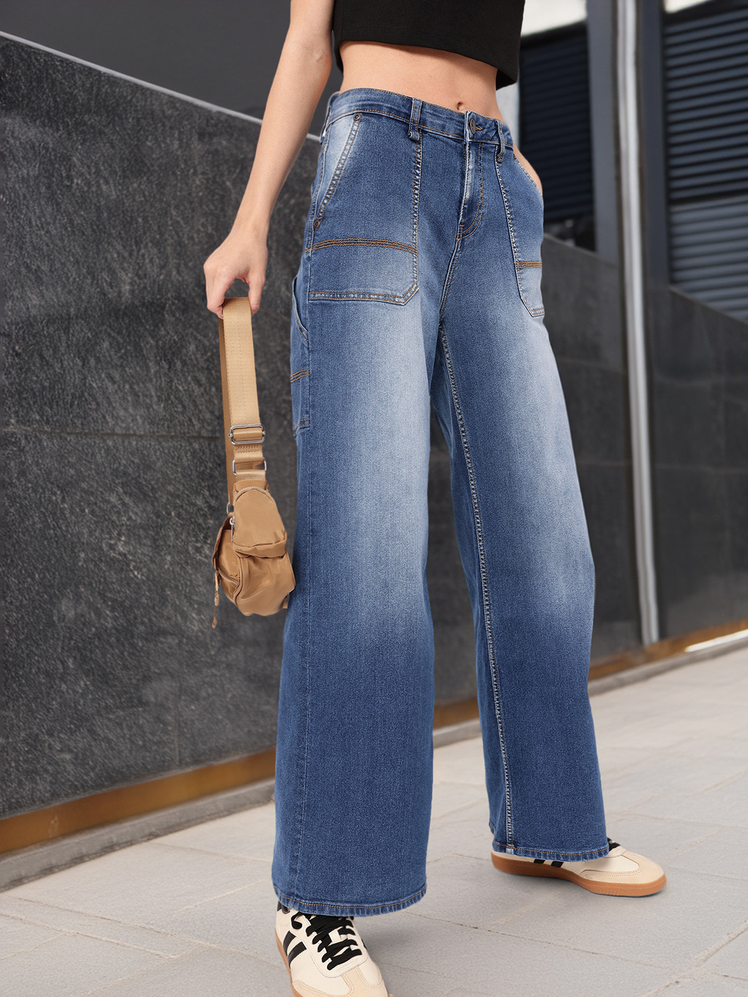 

Roadster Life Co. Women Ruggedly Refined Grunge Heavy Faded Wide Leg Jeans, Blue