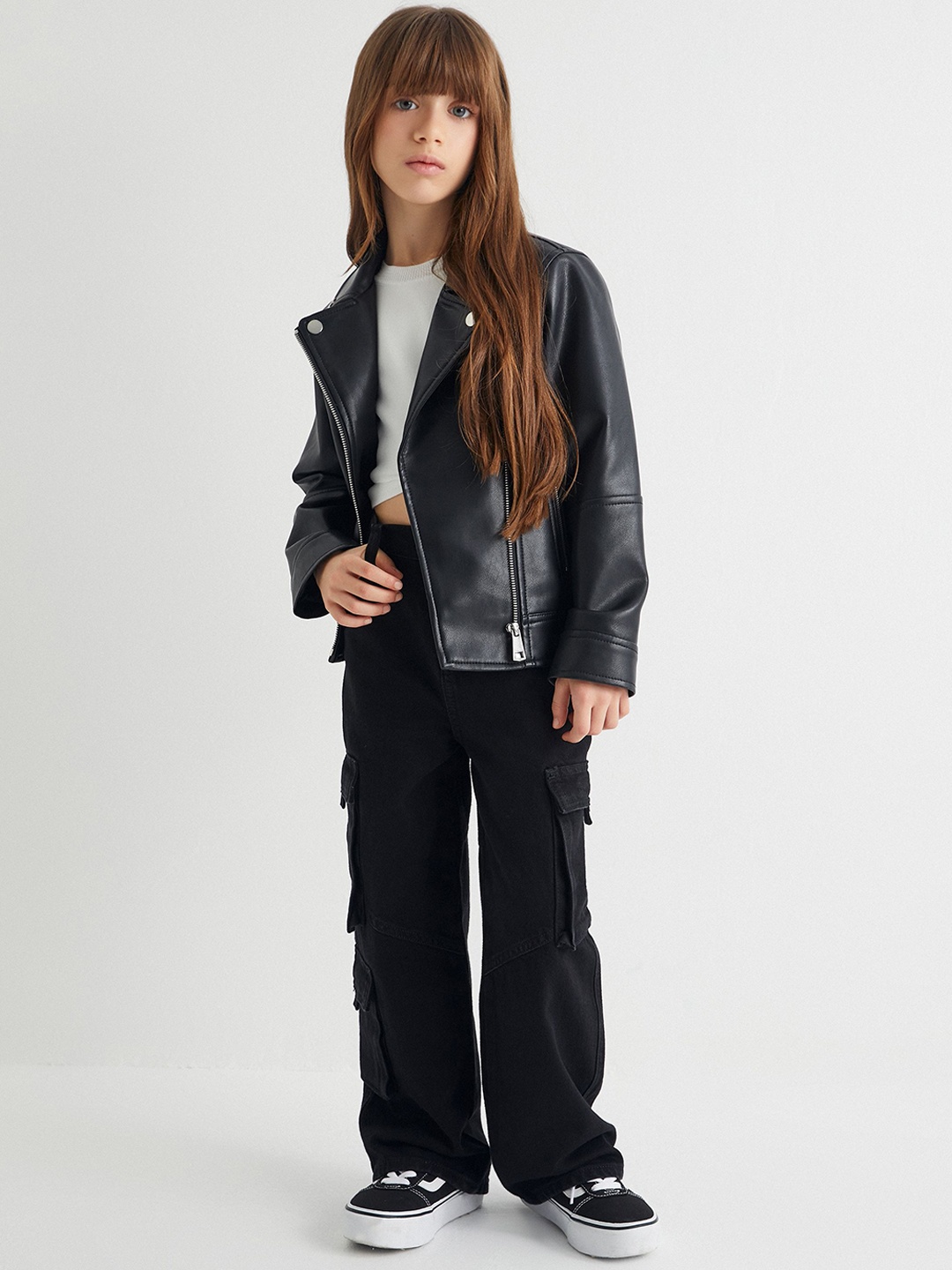 

Koton Girls Solid Longline Biker Jacket, Black