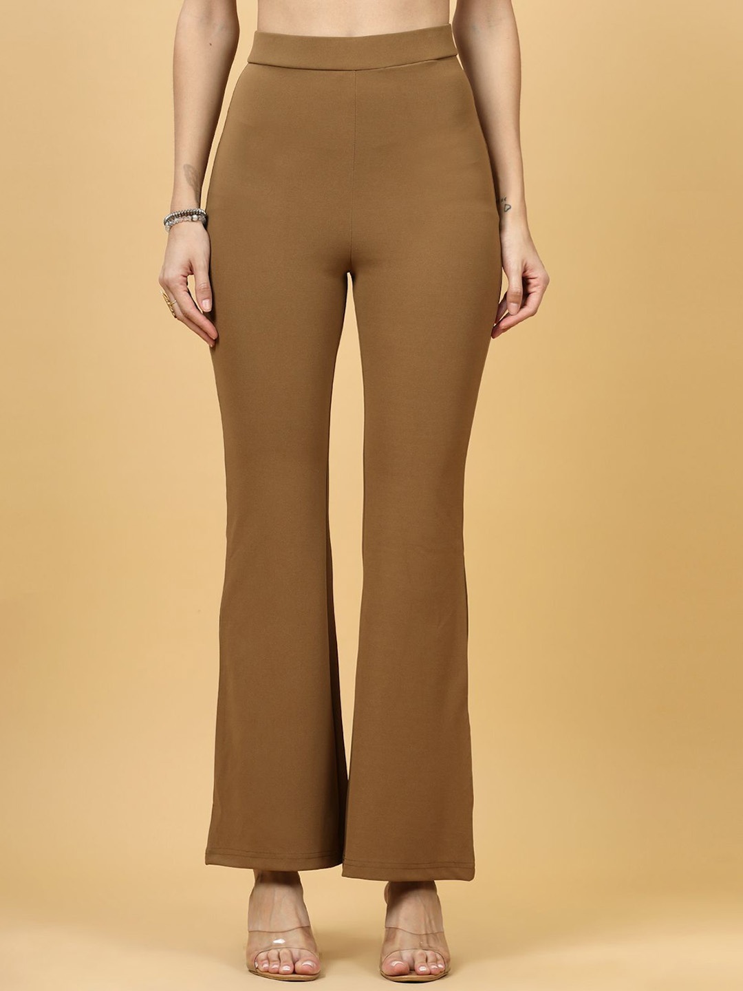 

plusS Women Regular Bootcut Trousers, Brown