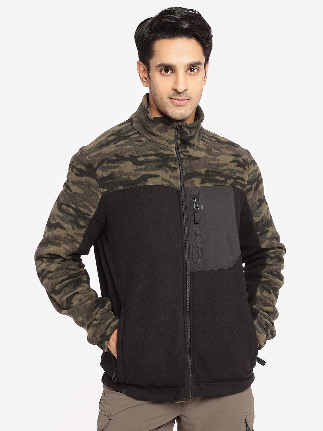 

SOLOGNAC By Decathlon Men Camo & Black Raised Collar Hiking Fleece