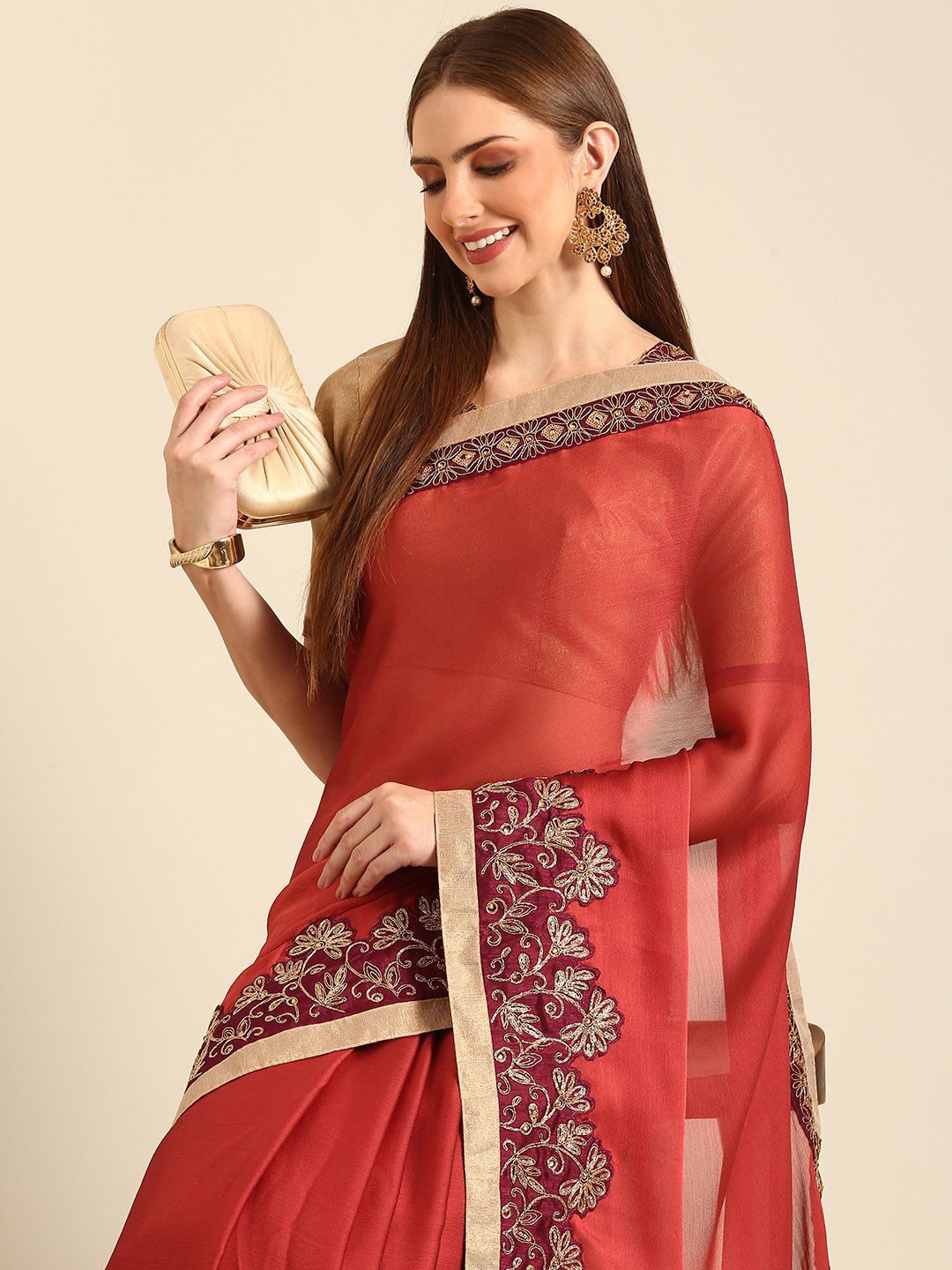 

Indian Women Applique Embroidery Solid Saree, Rust