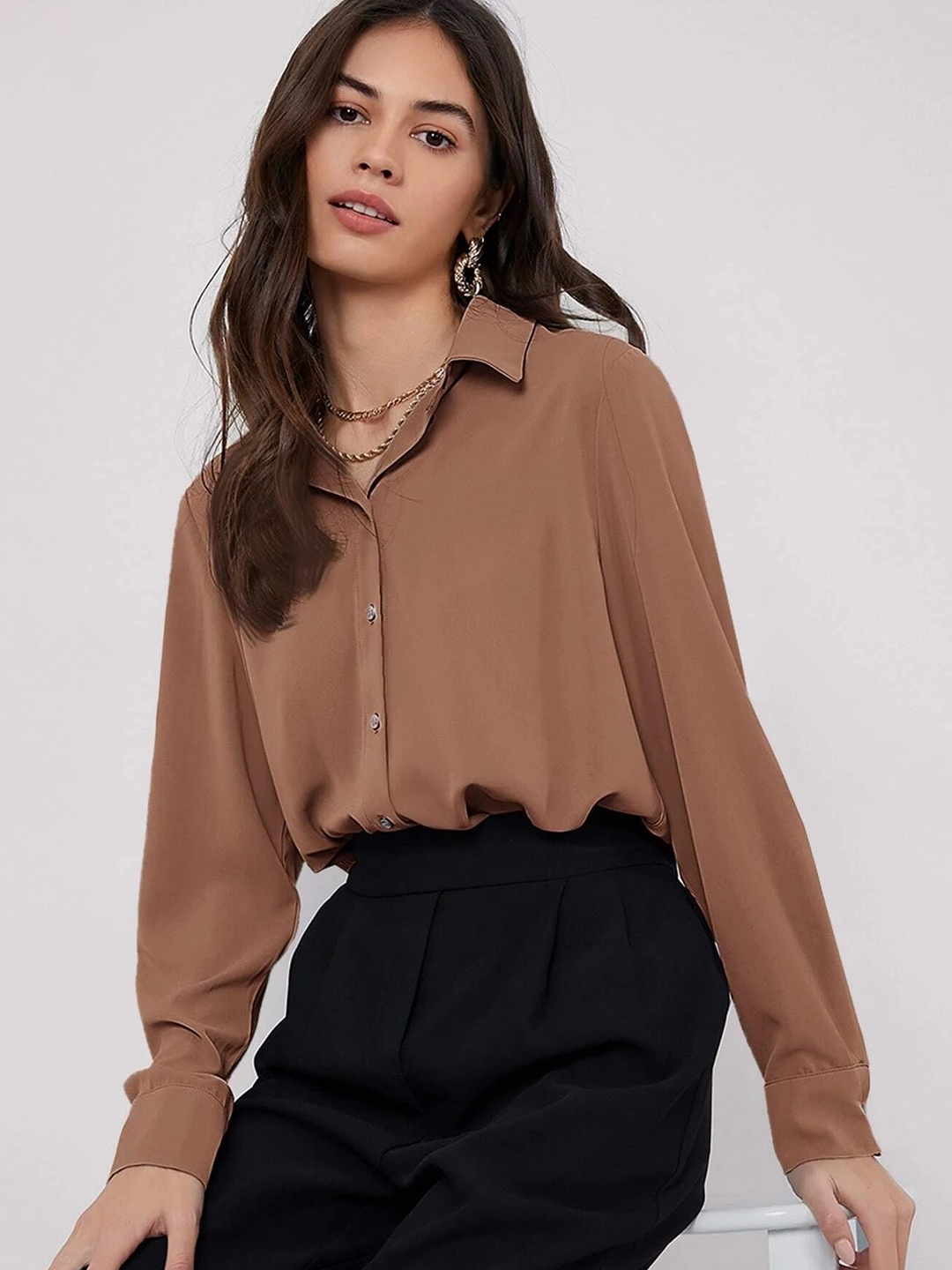 

FNOCKS Women Solid Classic Spread Collar Formal Shirt, Brown