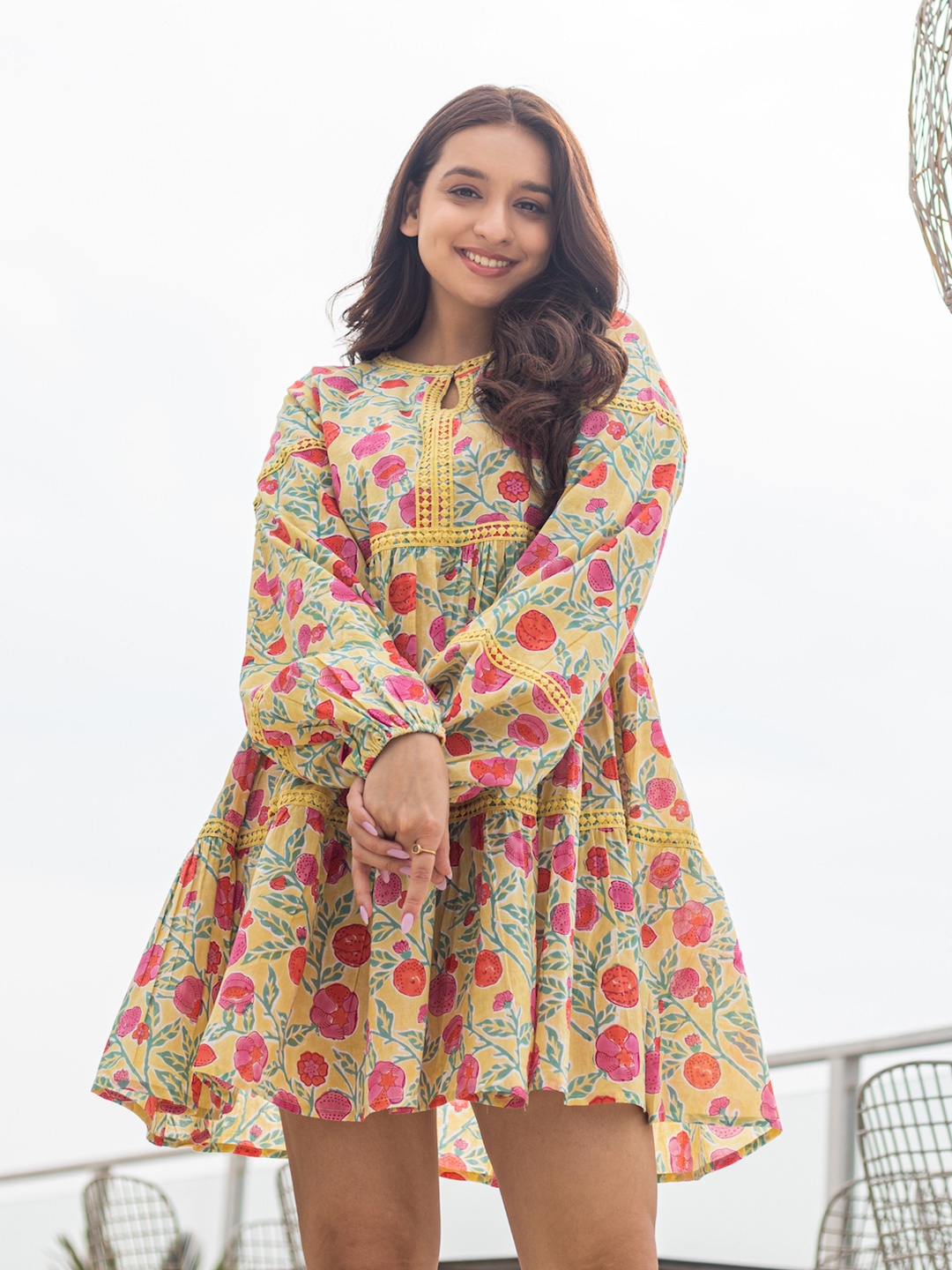 

ANUVAS Floral Printed Fit & Flare Dress, Yellow