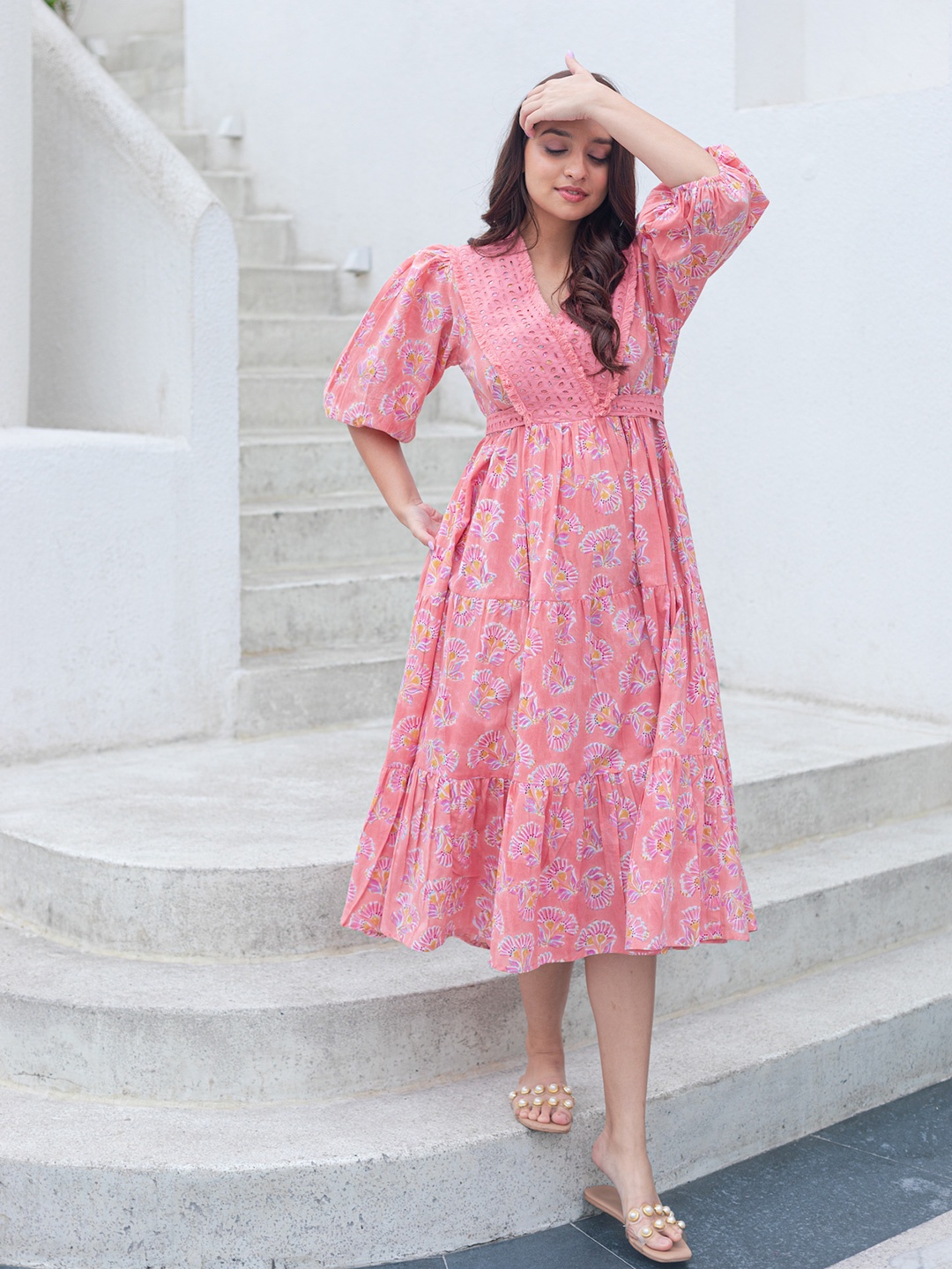 

ANUVAS Floral Printed Fit and Flare Dress, Pink
