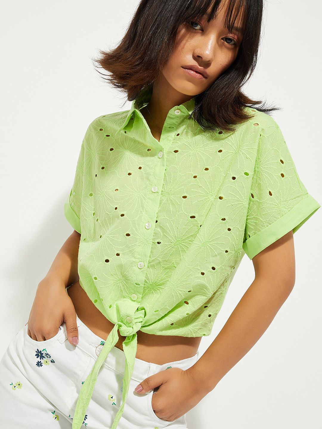 

max URB_N Women Self Design Spread Collar Schiffli Shirt, Green