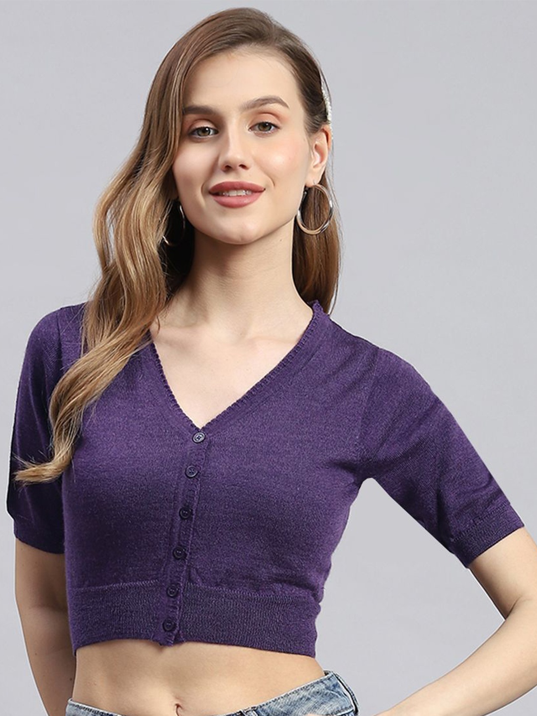 

Monte Carlo Women V neck Solid Short Sleeves Woollen Cardigan, Purple