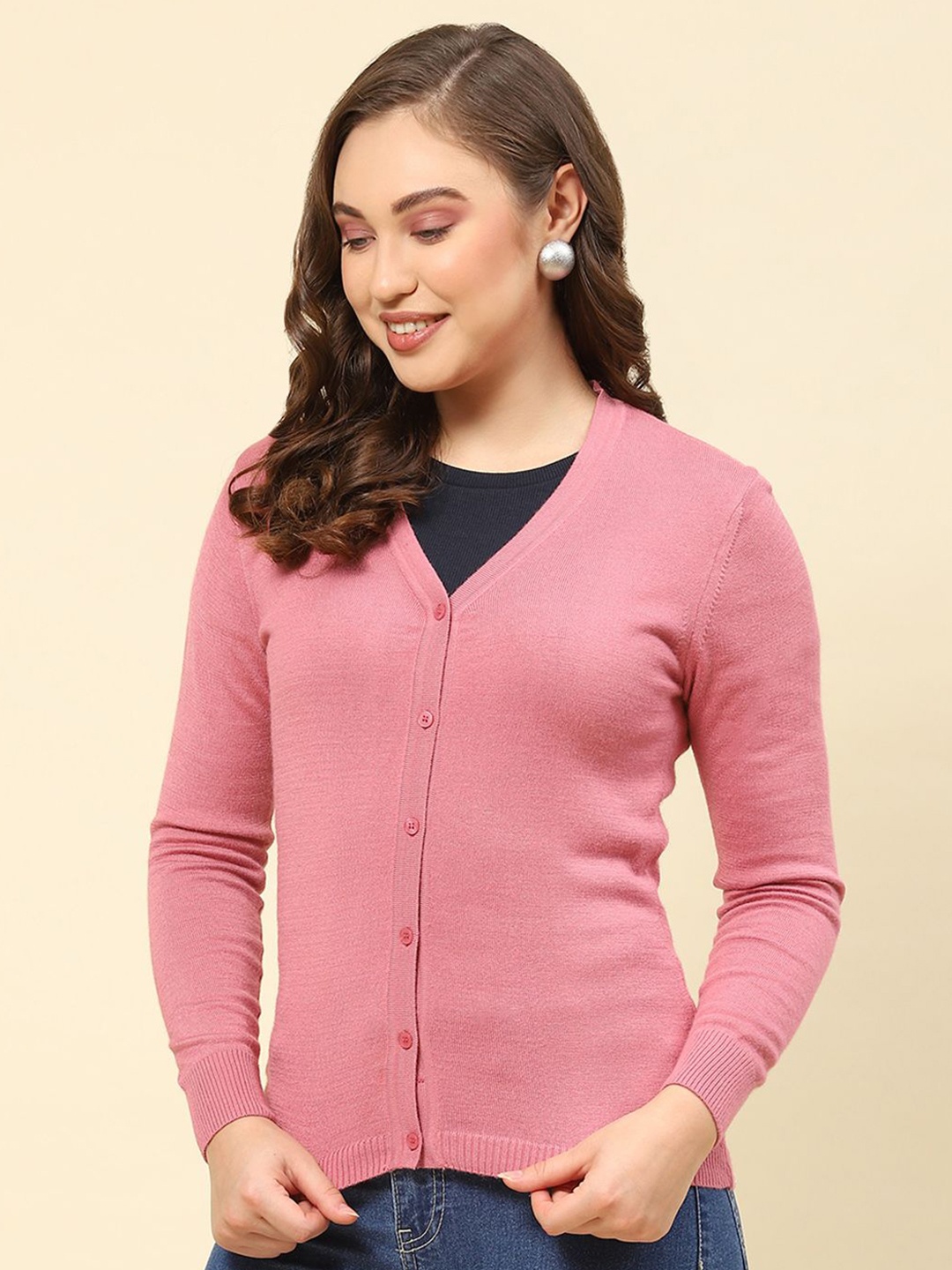 

Monte Carlo Women V neck Solid Long Sleeves Woollen Cardigan, Pink