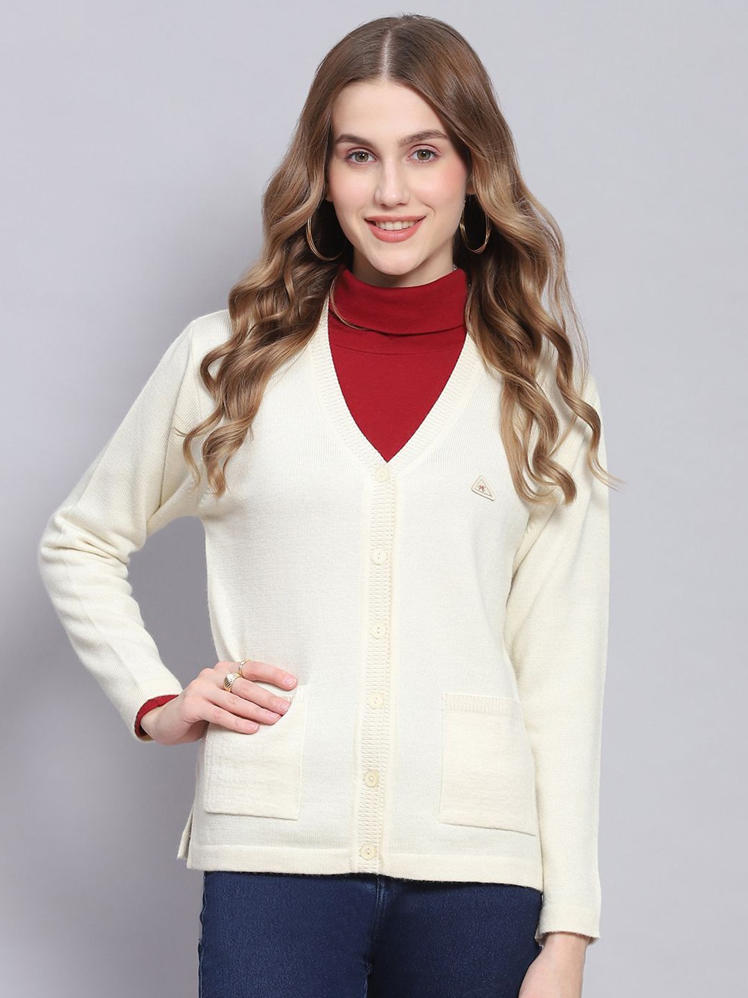 

Monte Carlo Women V neck Solid Long Sleeves Woollen Cardigan, Off white