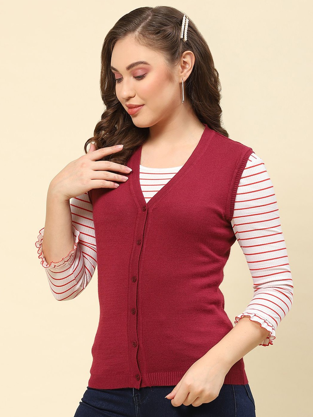 

Monte Carlo Women V neck Solid Sleeveless Woollen Cardigan, Maroon