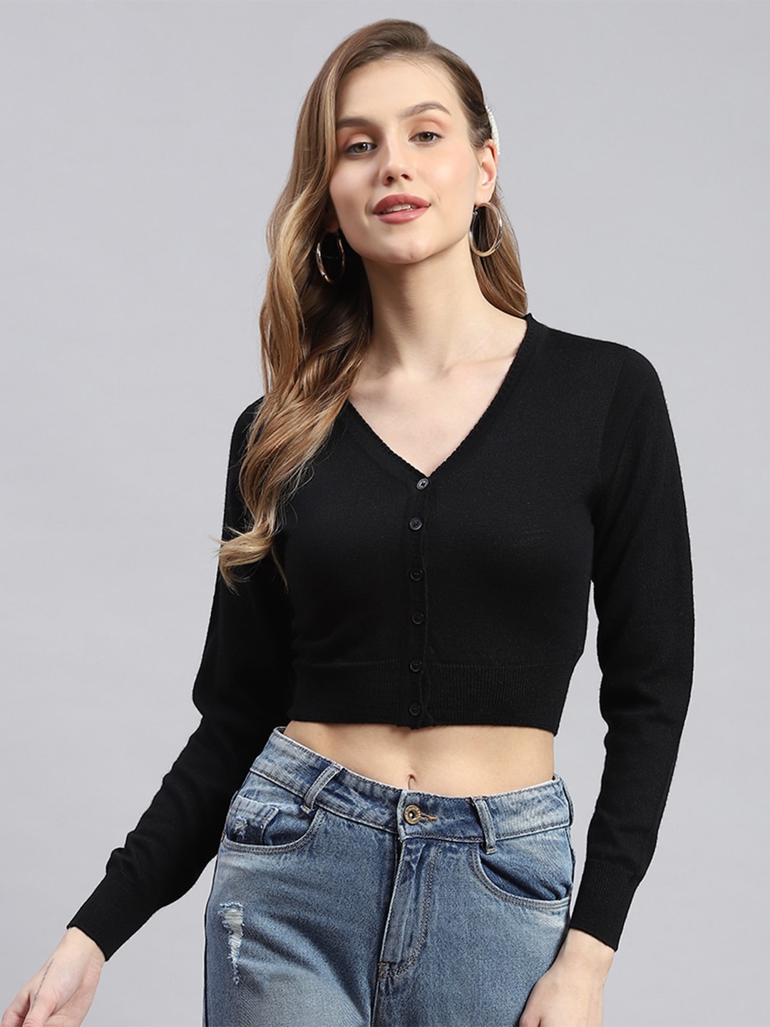 

Monte Carlo Women V neck Solid Sleeveless Woollen Cardigan, Black