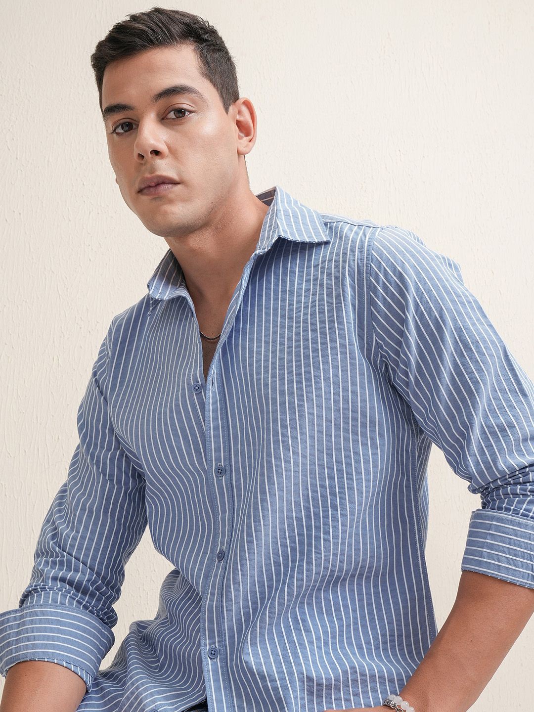 

LOCOMOTIVE Luxe Men Dobby Texut Stripped Casual Shirt, Blue