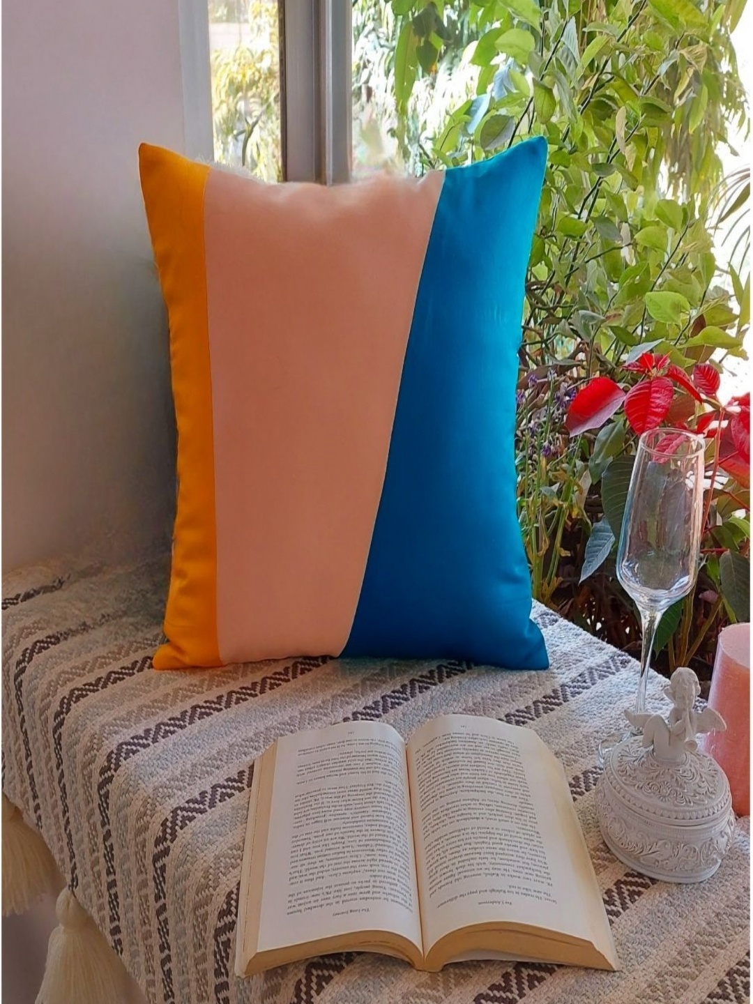 

THROWPILLOW Blue & Orange Colourblocked Cotton Square Cushion Cover