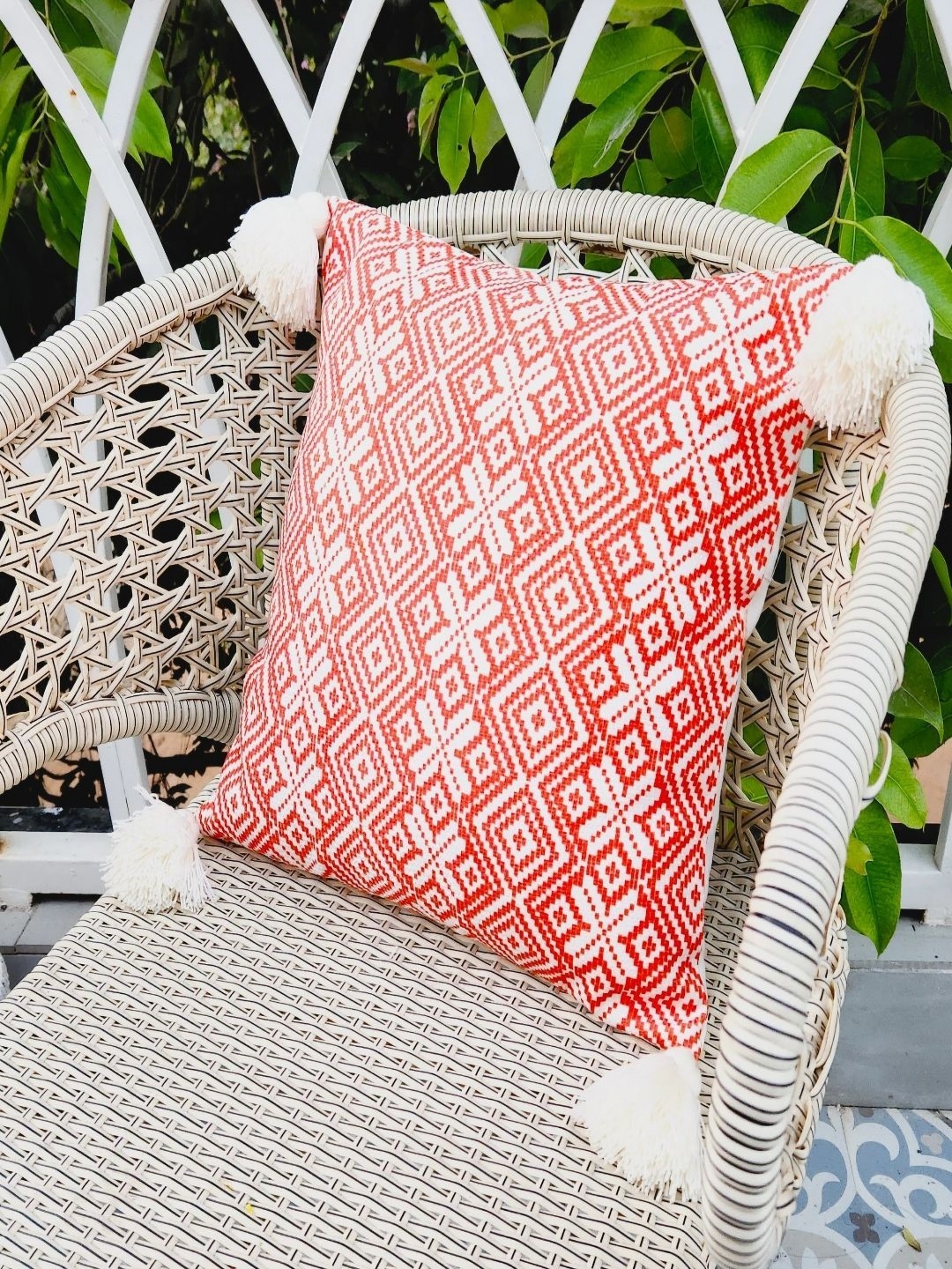 

THROWPILLOW Orange & White Geometric Printed Tasselled Square Cushion Cover
