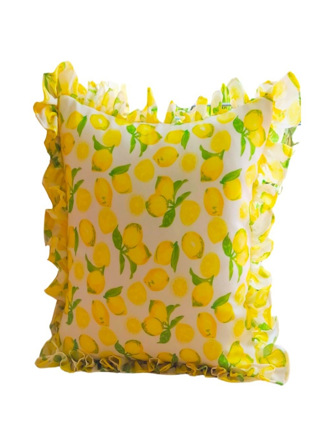 

THROWPILLOW White & Yellow Floral Printed Ruffled Cotton Square Cushion Cover