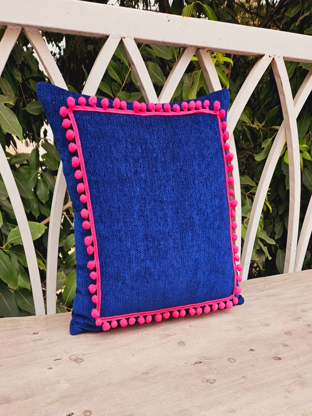 

THROWPILLOW Navy Blue & Pink Tasselled Embellished Square Cushion Cover