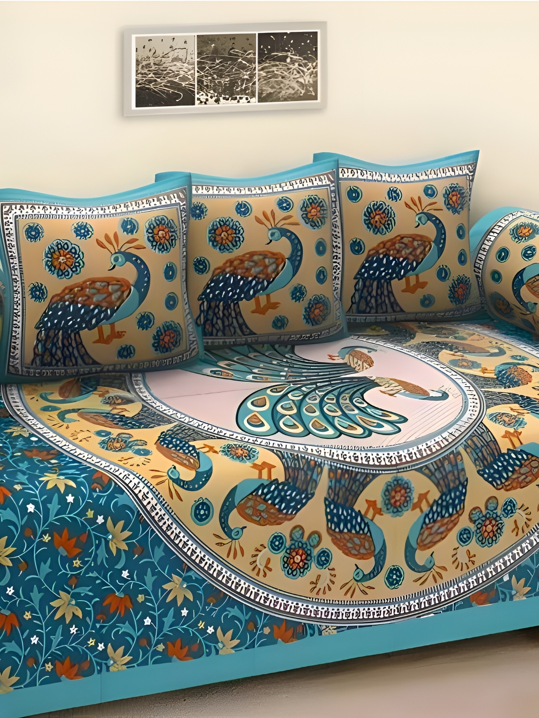 

UrbanArts Turquoise Blue & White 6 Pieces Jaipuri Printed Pure Cotton Diwan Set