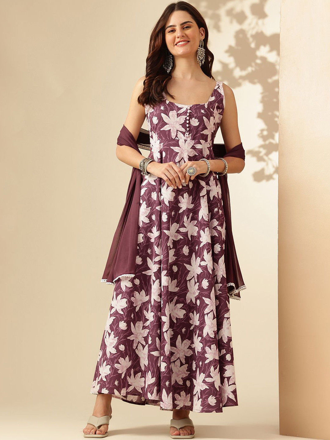 

KALINI Floral Printed Cotton A-line Kurta with Dupatta, Purple