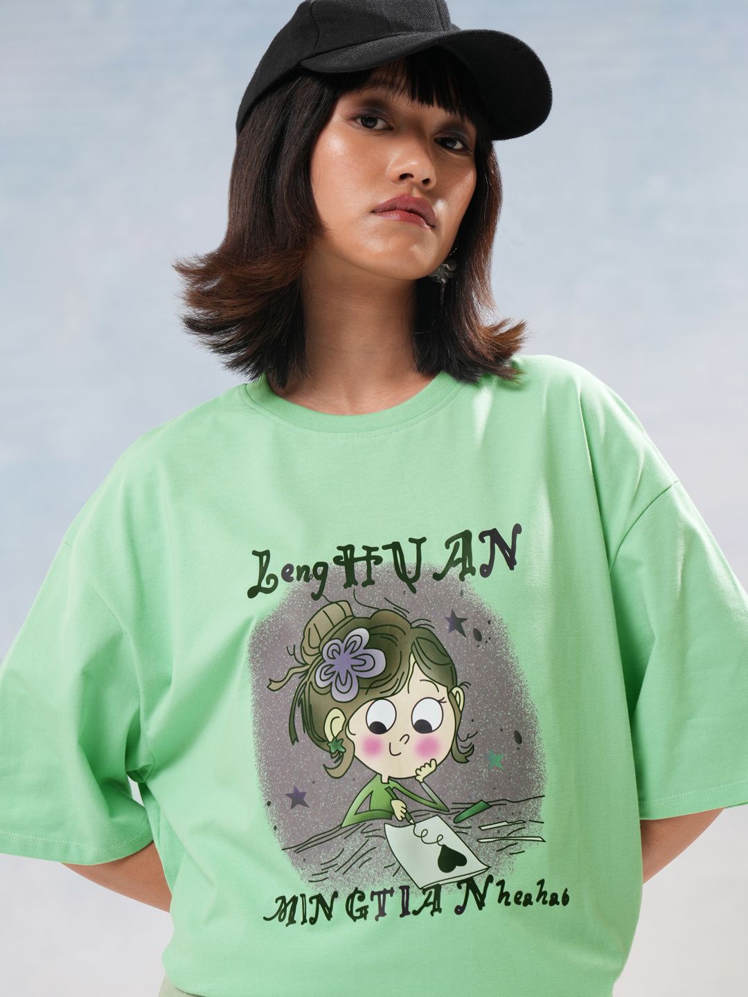 

Street By Tokyo Talkies Women Graphic Printed Cotton Oversized T-shirt, Green