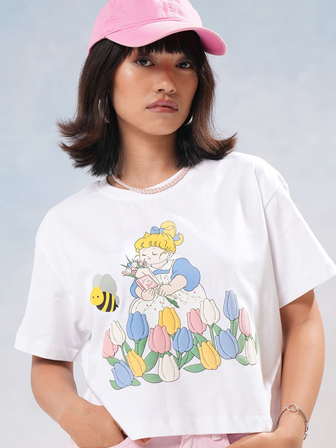 

Street By Tokyo Talkies Women Graphic Printed Cotton Relaxed Fit Crop T-shirt, White
