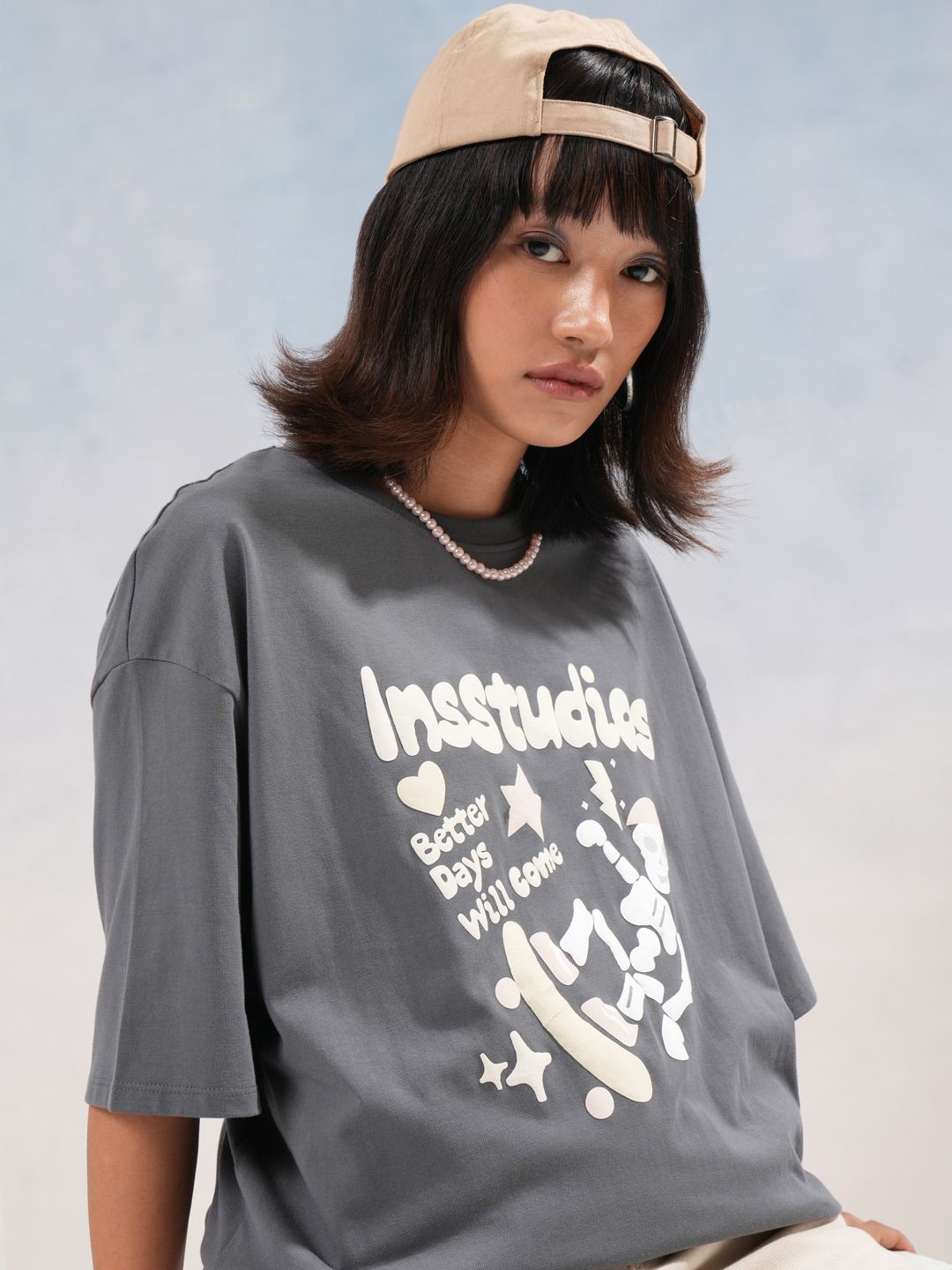 

Street By Tokyo Talkies Women Typography Printed Cotton Oversized Fit T-shirt, Grey