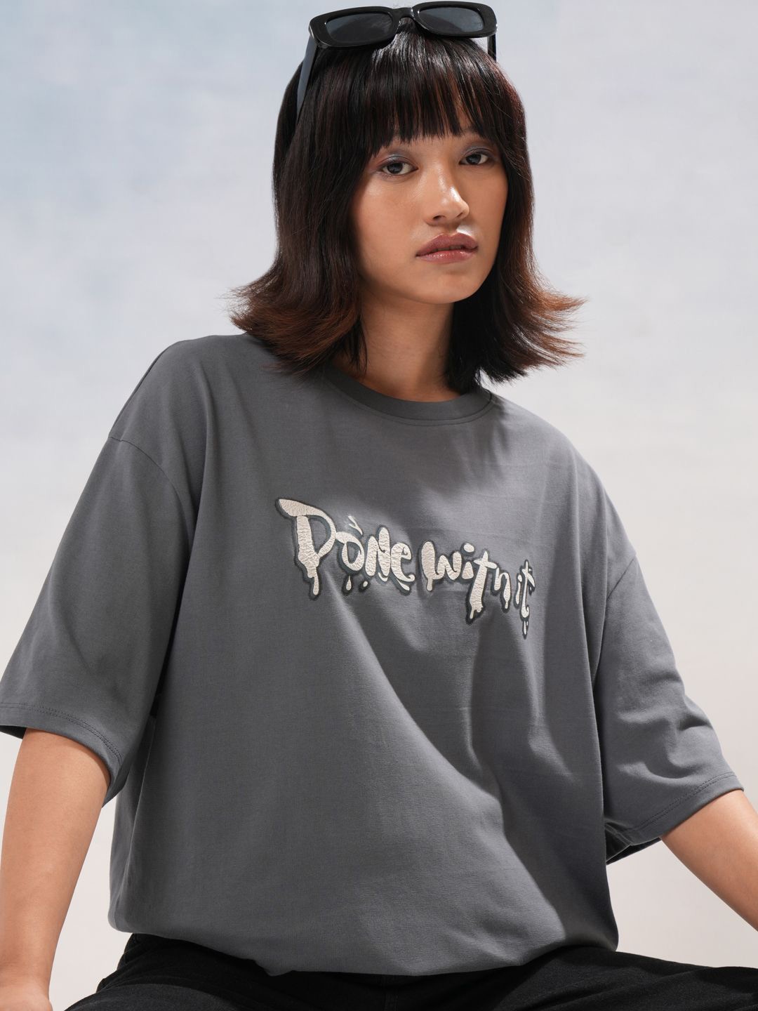Street By Tokyo Talkies Women Typography Printed Cotton Oversized Fit T-shirt, Grey