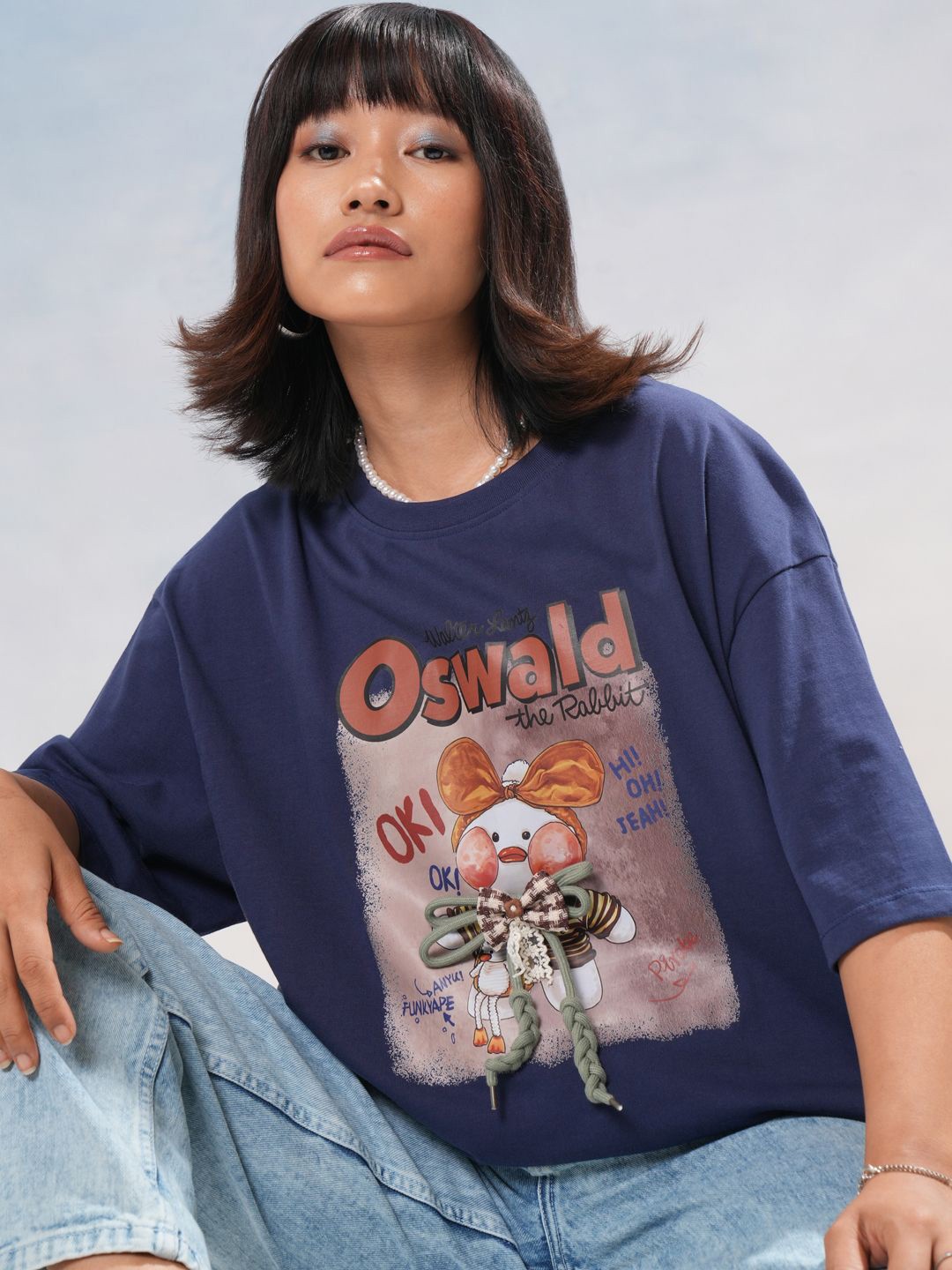 Street By Tokyo Talkies Women Typography Printed Cotton Oversized Fit T-shirt, Navy blue