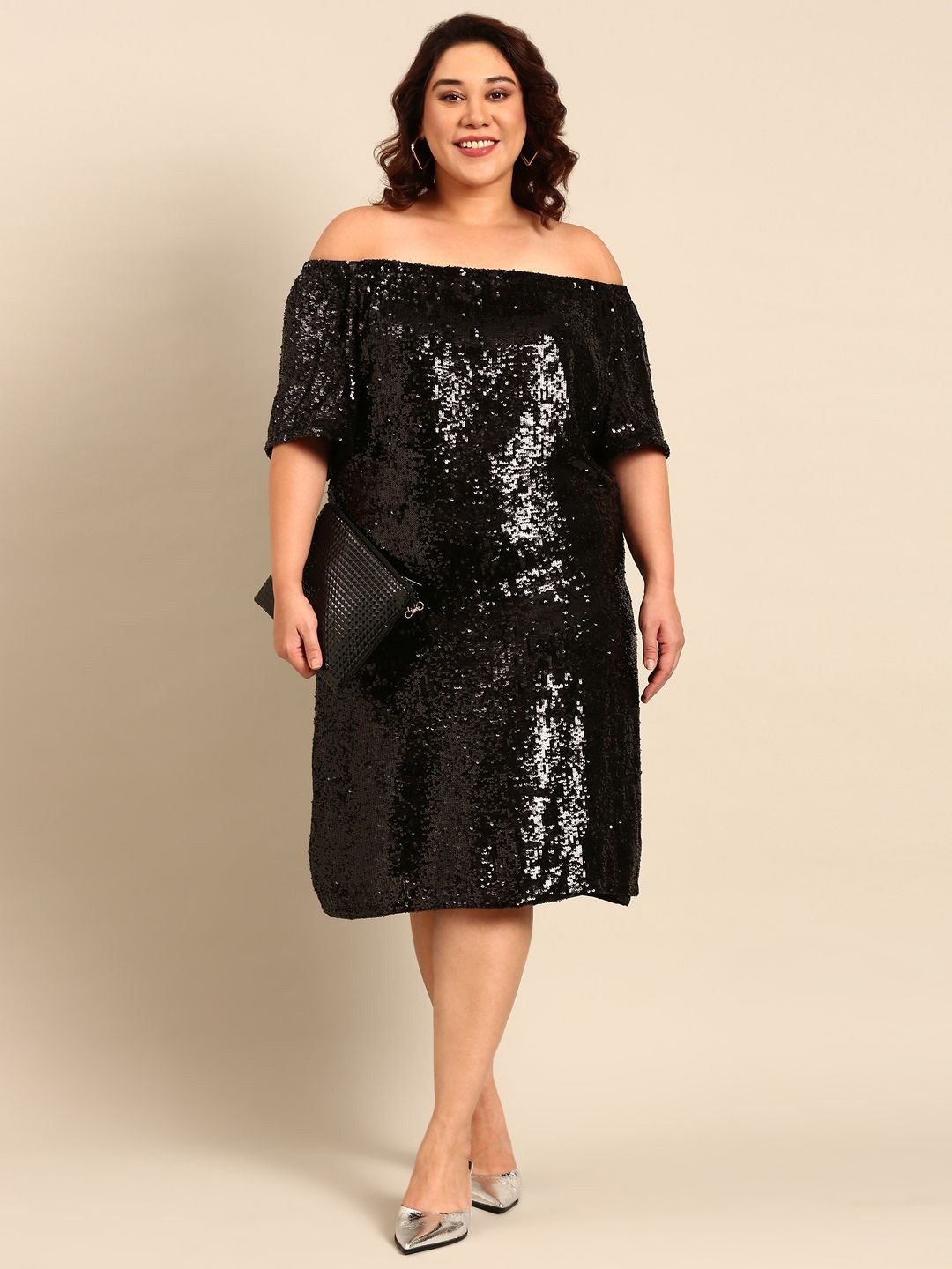 

The Pink Moon Embellished Off-Shoulder Georgette A-Line Plus Size Dress, Black