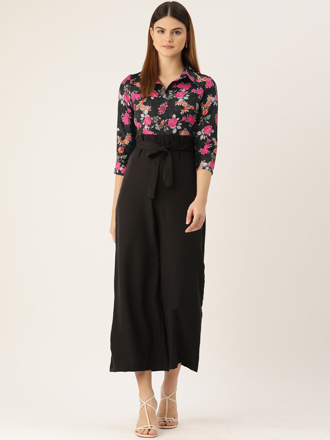 

Sleek Italia Printed Shirt Collar Waist Tie-Ups Basic Jumpsuit, Black