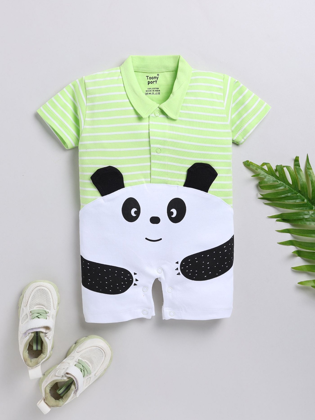 

Toonyport Infants Striped Shirt Collar Rompers, Green
