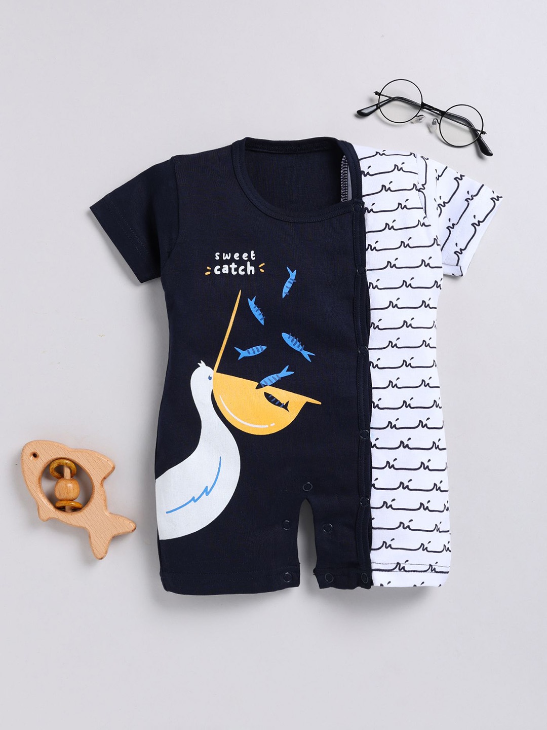 

Toonyport Infants Printed Round Neck Pure Cotton Rompers, Navy blue