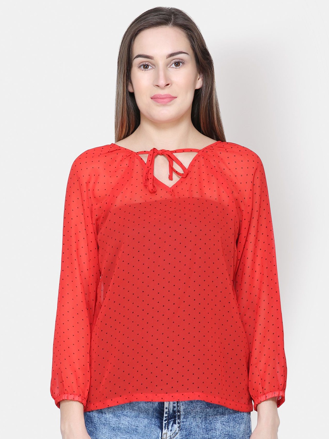 

Yaadleen Women Polka Dots Printed Tie-Up Neck Top, Red